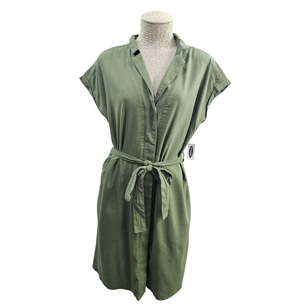 Old Navy Shirt Dress Womens Medium Green Tie Waist Short Sleeve Cotton Rayon NWT